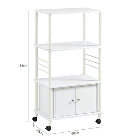 Rootz White Microwave Shelf - Kitchen Wheeled Storage Trolley - Kitchen Cabinet - 3 Shelves + 1 Cabinet