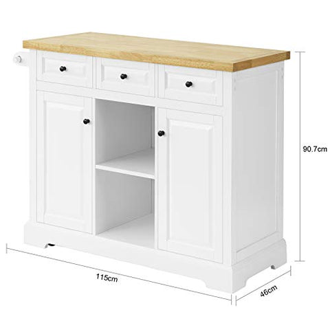 Rootz Kitchen Storage Trolley Kitchen Cabinet Cupboard Sideboard Kitchen Island with 3 Drawers 2 Open Shelves 2 Doors