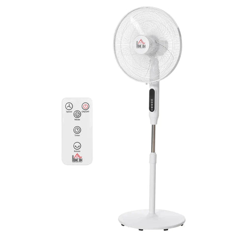 Rootz Pedestal Fan - Timer Fan With Remote Control - Height-adjustable Fan - 3 Speed Levels - Steel - White