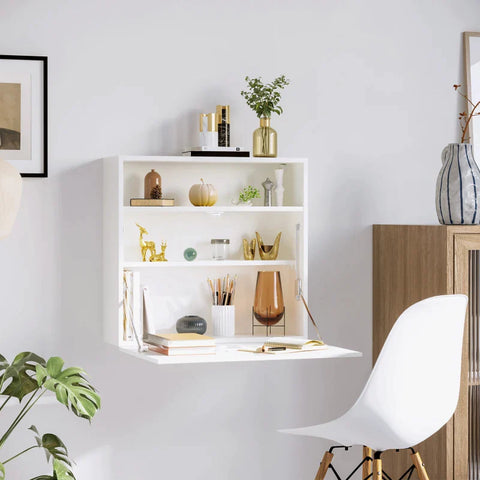 Rootz Wall Table - Folding Table - Wall-mounted Folding Table With Shelves - White - 64 cm x 20 cm x 60 cm