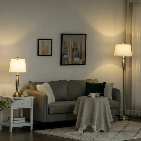 Rootz Floor Lamp - Bedside Lamp - 3-part Light Set - 1 Floor Lamp - 2 Table Lamps - Linen Look - Silver/White - 38cm x 38cm x 158cm