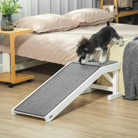 Rootz Pet Ramp - With Non-slip Carpet - Dog Stair - Pine Wood - White + Gray - 125 x 40 x 35.5cm