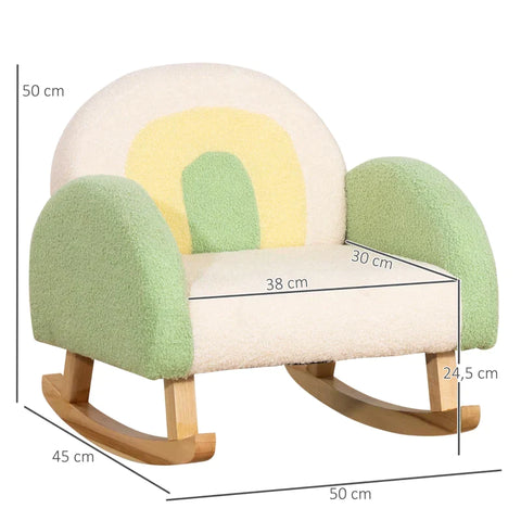 Rootz Rocking Chair for Toddlers - Cute Design - Imitation Sheepskin - Eucalyptus Wood Green + Yellow Beige - 50L x 45W x 50H cm