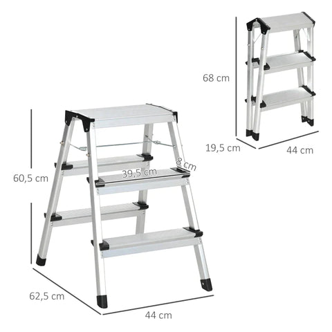 Rootz Stepladder Folding Step - Foldable - Wide Rungs - Non-slip - Lightweight Construction - Aluminum + Steel - Silver - 44 x 62.5 x 60.5cm