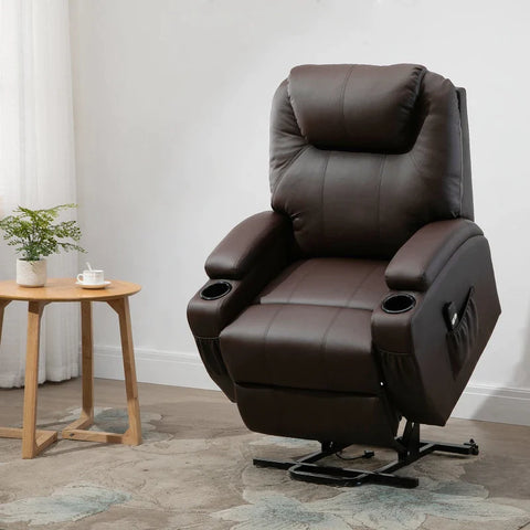 Rootz Relaxation Chair - Stand-up Aid - Including Remote Control - Cup Holder - Adjustable Backrest - Faux Leather - Brown - 84L x 92W x 109H cm