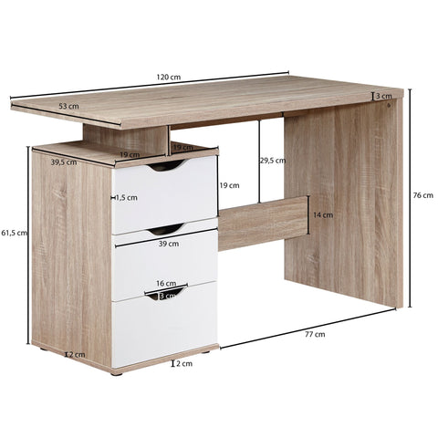 Rootz Computer Desk with 3 Drawers - Modern Sonoma White - Space-Saving Laptop Table with Shelf - Ideal for Teenagers - 120 x 76 x 53 cm -