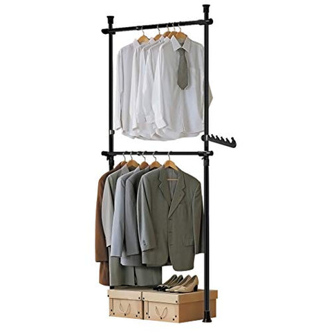 Rootz Black Telescopic Wardrobe Organizer - Hanging Rail - Clothes Rack- Adjustable Storage Shelving
