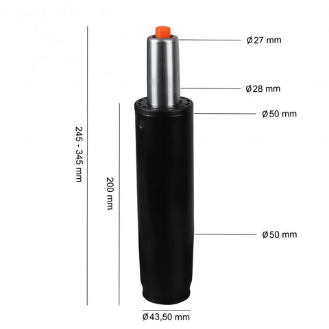 Rootz Black Metal Gas Spring - Up to 180kg - 245-345mm - 10cm Height Adjustment - Pneumatic Spring for Chairs