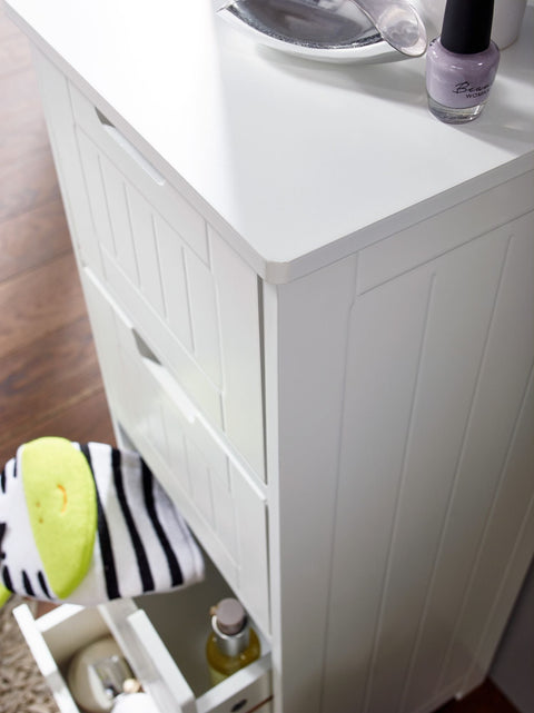 Rootz Bathroom Cabinet - Country Style - MDF Wood - White - Small Cabinet with 4 Drawers - Multi-purpose Side Cabinet - 30x83x30cm