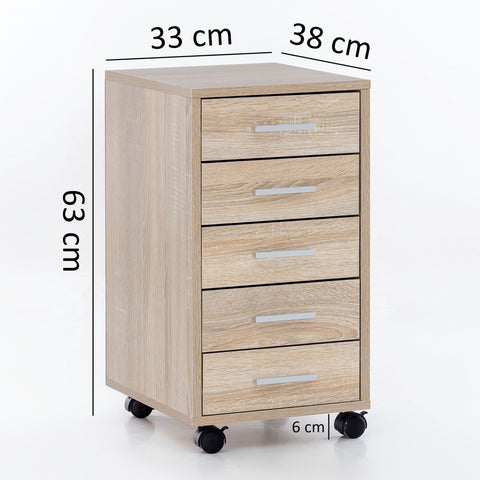 Rootz Roll Container - Sonoma - Wooden Drawer Cabinet for Desk - Office Cabinet with 5 Drawers - Small Stand Container with Rollers - 33 x 63 x 38 cm