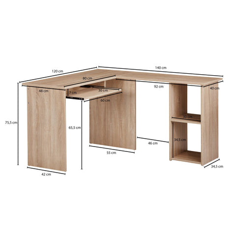 Rootz  Desk - Sonoma Design - Study Room and Home Office Table with Shelf - 140x75.5x120cm