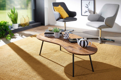 Rootz Coffee Table - Sheesham Wood - Black Metal Legs - Kidney Shape - Modern Design - 122x36x63cm