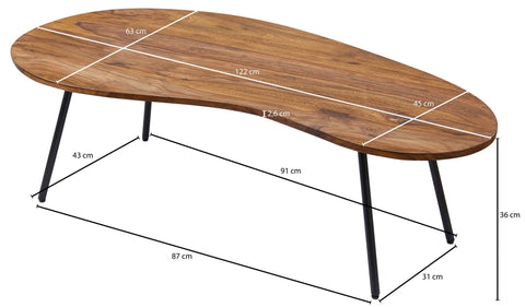 Rootz Coffee Table - Sheesham Wood - Black Metal Legs - Kidney Shape - Modern Design - 122x36x63cm