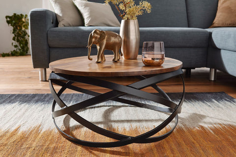 Rootz Coffee Table -  Sheesham Wood - Metal Base - Round Design for Living Room - 60x30x60cm