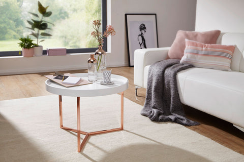 Rootz Coffee Table - White-Copper - Modern Retro Design - Metal Round Table with Wood Plate - 58.5x42x58.5cm