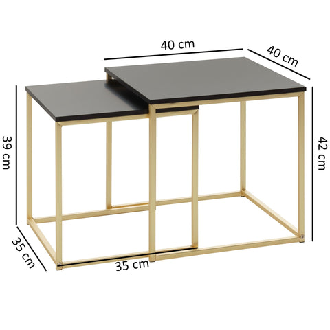 Rootz Black-Gold Table Set - Modern Metal and MDF Side Tables -  Wooden Plate - 2-Piece Coffee Table - Small Living Room Storage -