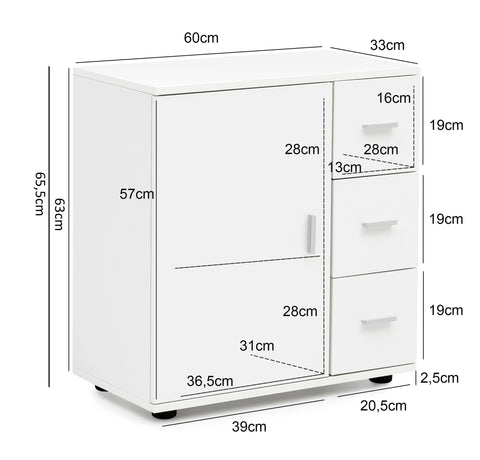 Rootz White Cabinet - Midi Cabinet with Door & Drawers - Small Matt Side Cabinet - Narrow Freestanding Bathroom Shelf - 60x65.5x33 cm