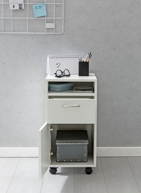 Rootz Roll Container - Modern Rolling Chest of Drawers - Office Container with Door - Small Desk Cabinet on Wheels - White - 33x63x38 cm