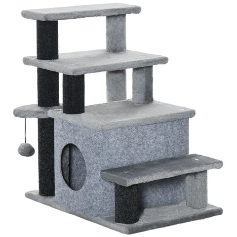 Rootz Scratching Post - Animal Stairs - 4 Steps - Play Ball - House - Height Adjustable - Black + Gray - 60 x 40 x 66 cm