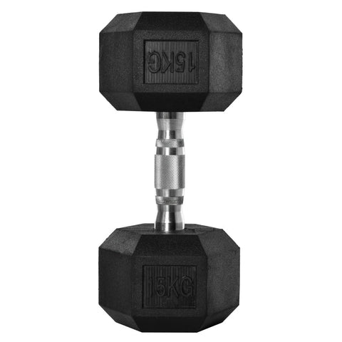 Rootz 15KG Single Rubber Hex Dumbbell - Hexagonal Dumbbells - Knurled Handle - Sports Hex Weights Sets - Weight Lifting Exercise - Home - Gym - Black