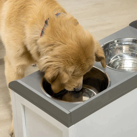 Rootz Feeding Station - Convenient Feeding Station - 2 Feeding Bowls Each 2 Liters - Stainless Steel - With Drawer - For Large Dogs - White/Grey - 60 x 30 x 36 cm