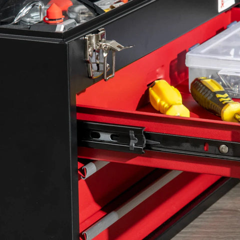 Rootz Tool Box - 3 Drawers - Lockable - Portable Toolbox - Steel Housing - Ball Bearing Runners - Steel - Black+red - 51 X 22 X 32 cm