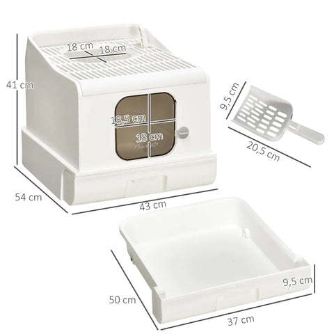Rootz Cat Litter Box - With Cover - Including Scoop - Front And Top Entry - White + Gray - 43L x 54W x 41H cm