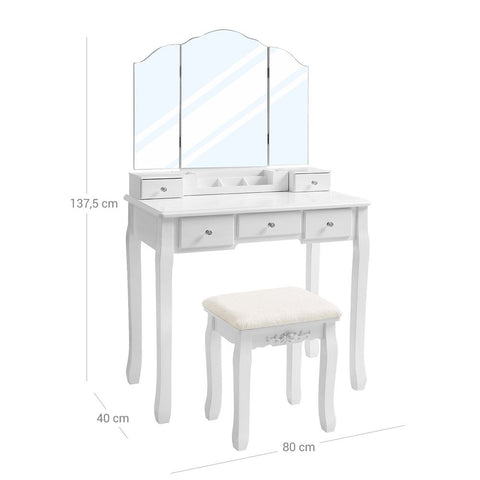 Rootz Dressing Table - Dressing Table With Folding Mirror - Country House Style - Makeup Desk - Vanity Mirror Desk - Vanity Table - MDF - Pinewood - Rubberwood - White - 80 x 40 x 137.5 (L x W x H)
