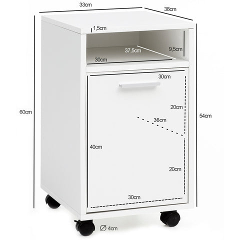 Rootz Roll Container - Drawer Cabinet for Office - Desk Container with Door & Tray - Side Container on Casters - Small Office Storage - White - (33x60x38 cm)