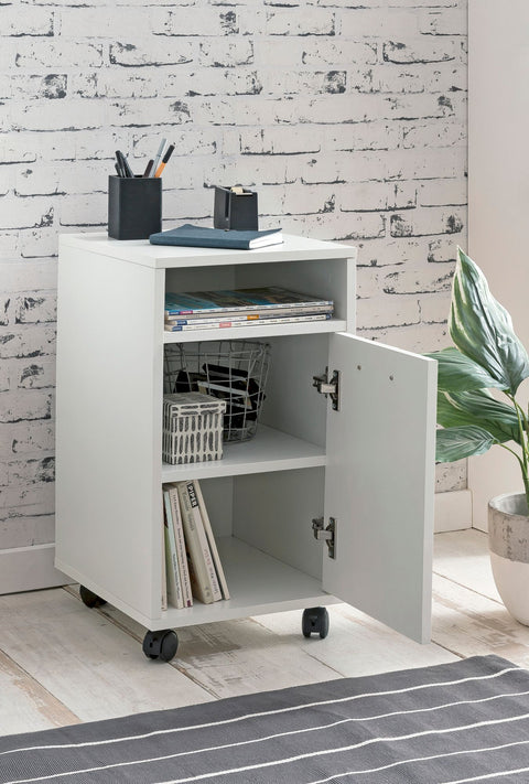 Rootz Roll Container - Drawer Cabinet for Office - Desk Container with Door & Tray - Side Container on Casters - Small Office Storage - White - (33x60x38 cm)