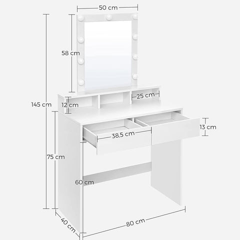 Rootz Dressing Table - Cosmetic Table - Mirror - Lighting - 2 Drawers - Open Compartments - White - Processed Wood - 80 x 40 x 145 cm