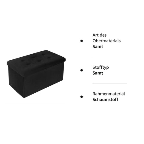 Rootz Storage Bench - Ottoman - Seating Chest - Velvet Stool - Furniture Trunk - Upholstered Box - Black - 76x37.5x38 cm