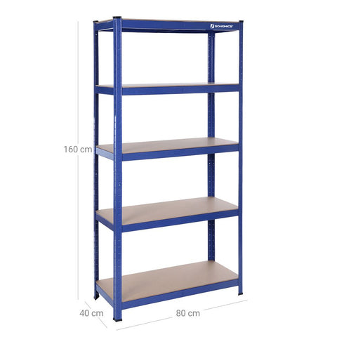 Rootz Storage Rack - Standing Shelf - Metal Shelf - With 5 Adjustable Shelves - Free-Standing Shelving Unit - Steel/Powder Coating/E1 Class MDF - Blue - 160 x 80 x 40 cm