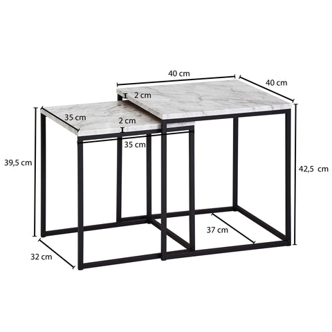 Rootz Side Table Set - Marble-Look - Black Table Frame - Modern Nesting Tables - White (Set of 2)