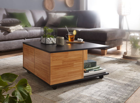 Rootz Coffee Table - Anthracite & Sand Oak - Living Room Table with 2 Drawers & Casters - Table with 2 Compartments - 70x70 cm