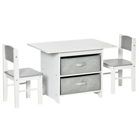 Rootz Kids Chairs Table Set - Children's Table - With 2 Storage Baskets - Seating Group For Toddlers - White/Gray - 71 x 48 x 49 cm