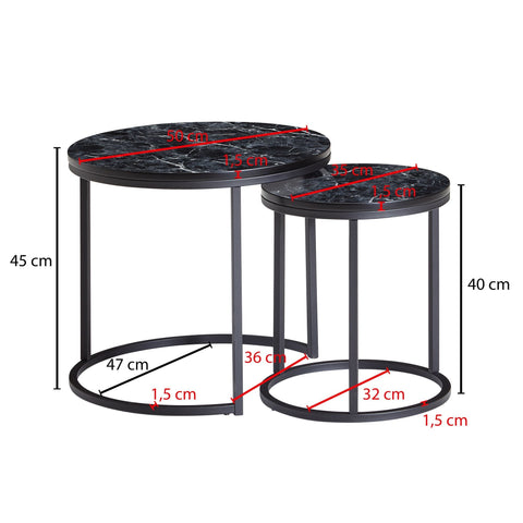 Rootz Round Side Tables - Set of 2 Black Marble Look - Metal Frame Coffee Table - Modern Nesting Tables for Small Living Room