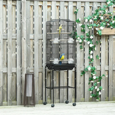 Rootz Bird Cage with Feeder - Wooden Swing Aviary with Doors - Wooden Poles Bird Cage with Storage Basket - Metal - Wire Tubular - Steel - Wood - Black - 46.5 x 36 x 157 cm