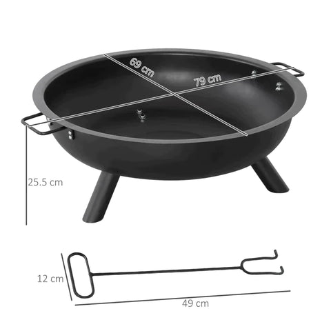 Rootz Fire Bowl - Fire Pit with Poker Round - Fire Pit for Garden Camping BBQ - Steel - Black - 79 x 69 x 25.5 cm
