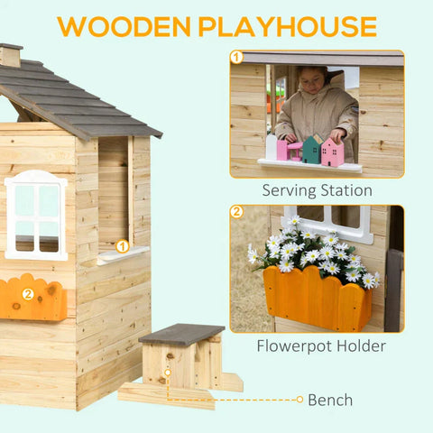 Rootz Kids Playhouse - Wooden Playhouse - Garden Games Cottage - Garden Playhouse - With Door Windows Bench - Wood - Natural - 113 x 94 x 134.5 cm
