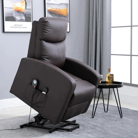 Rootz Massage Chair - Stand-up Aid - Relaxation Chair - Reclining Chair - Headrest - 8 Vibration Points - 2 Remote Controls - Faux Leather - Brown - 72L x 89W x 105H cm