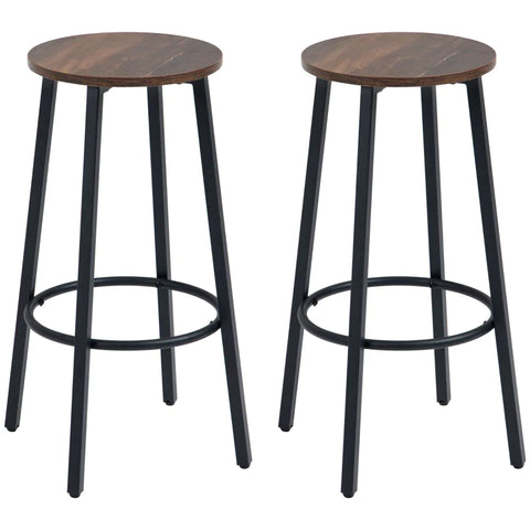 Rootz Bar Stools - Set Of 2 Kitchen Breakfast Stools - Sturdy Steel Frame - Industrial Tall Bar Chairs - 65cm High Seat - Footrest - Rustic Brown - 42 x 42 x 65 cm