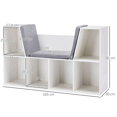 Rootz Children's Shelf - 2-In-1 Children's Shelf - Shelf With Bench - Upholstery - Mdf/Melamine/Foam/Polyester - White/Grey - 103 cm × 30 cm × 60 cm