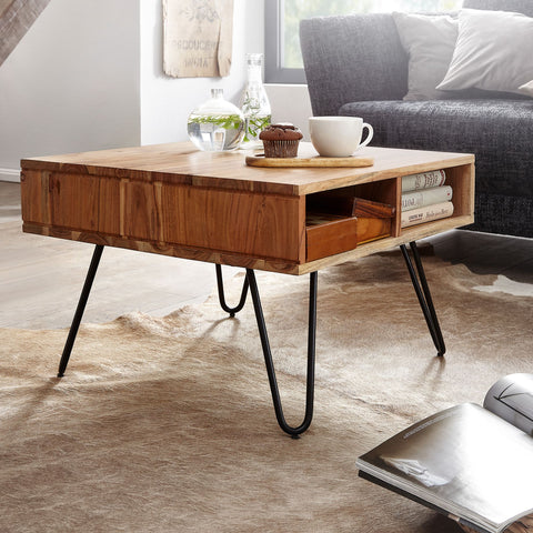 Rootz Angular Coffee Table - Acacia Solid Wood and Metal Design - Square Brown Wooden Table with Storage - 60x40x60 cm
