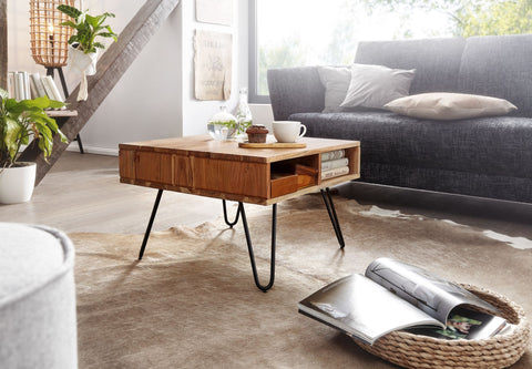 Rootz Angular Coffee Table - Acacia Solid Wood and Metal Design - Square Brown Wooden Table with Storage - 60x40x60 cm