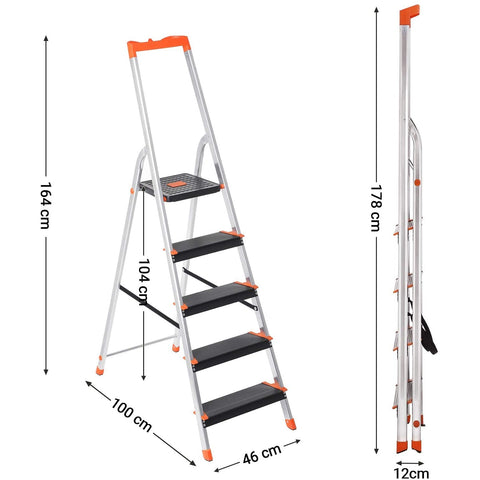 Rootz Ladder - Steps - Foldable - Aluminum - Anti-Tip - Tool Tray - Black - Orange