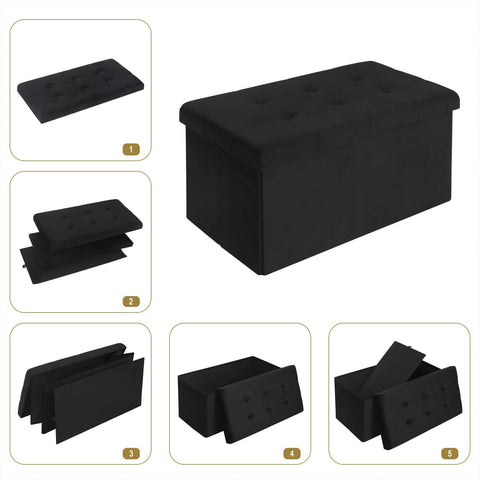 Rootz Storage Bench - Ottoman - Seating Chest - Velvet Stool - Furniture Trunk - Upholstered Box - Black - 76x37.5x38 cm