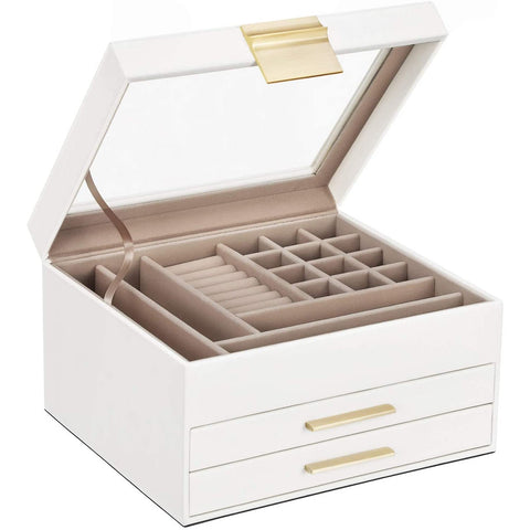 Rootz Jewelery box - Jewelery box - Glass - 3 Levels - 2 Drawers - White - 23.1 x 20.3 x 13.5 cm