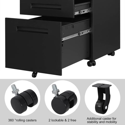 Rootz Rolling Office Cabinet - Mobile Filing System - Document Storage - Secure Drawer Unit - Portable Organizer - File Holder - Black - 45x60x39cm