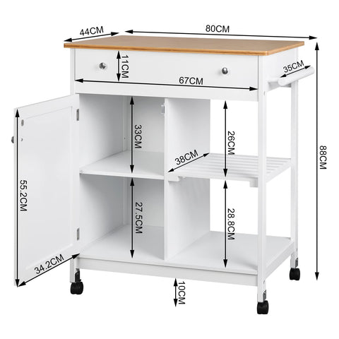 Rootz Serving Trolley - Storage Cart - Rolling Cabinet - Mobile Shelf - Wheeled Organizer - Kitchen Island - Utility Wagon - White - 75 x 89 x 44 cm